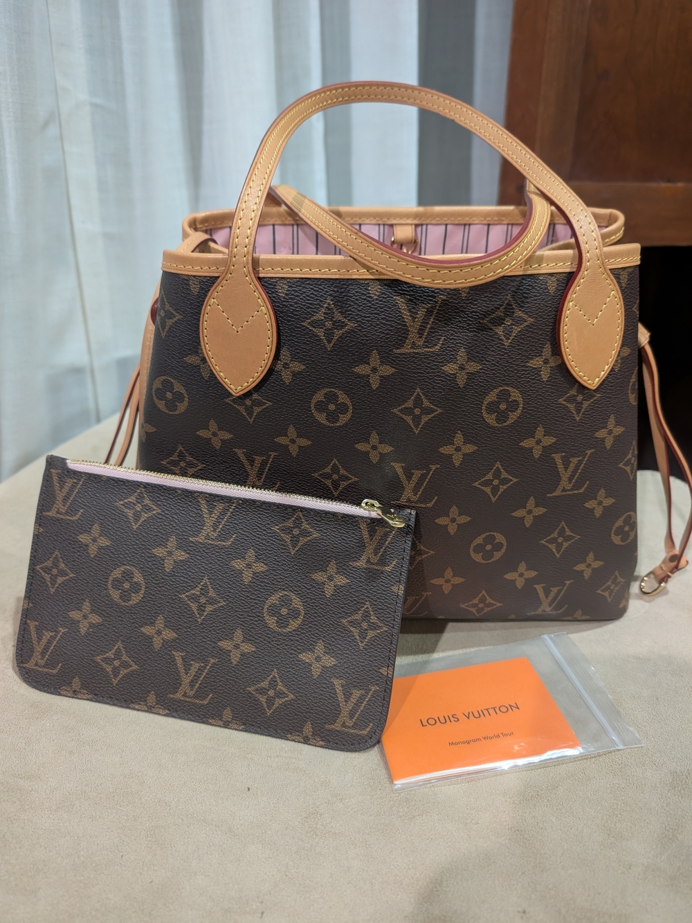 "Never Full" Brown Leather Monogram Canvas Tote with Pink Stripe Lining